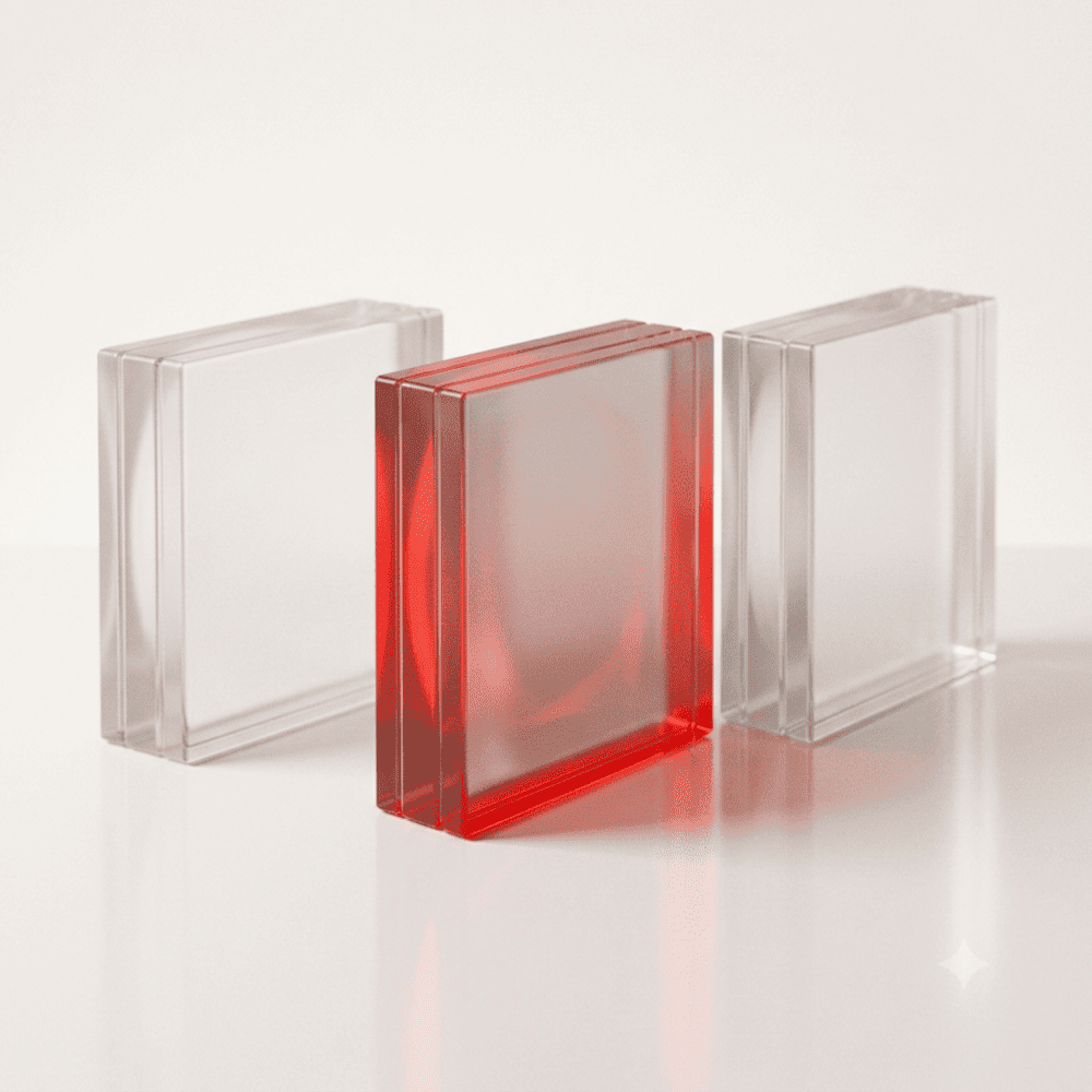 Three aligned frosted glass blocks, the middle one red