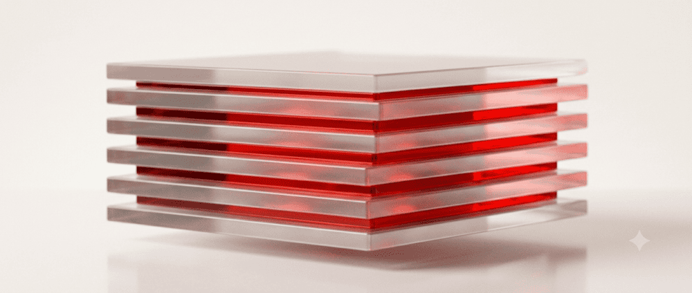 Stack of frosted glass layers with red light between them