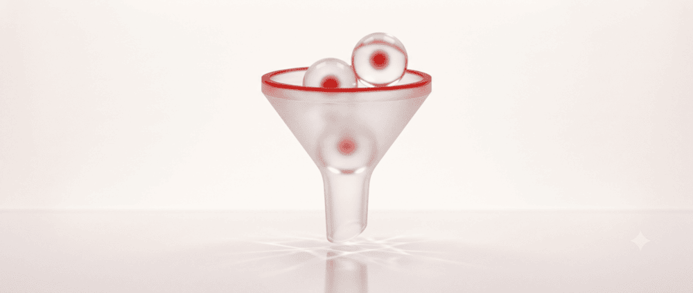 Glass funnel with spheres, only one passing through
