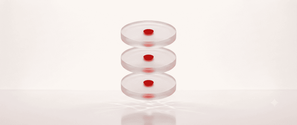 Three frosted glass discs with red centre dots