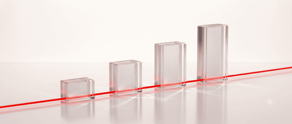 Four glass blocks rising along a red light line