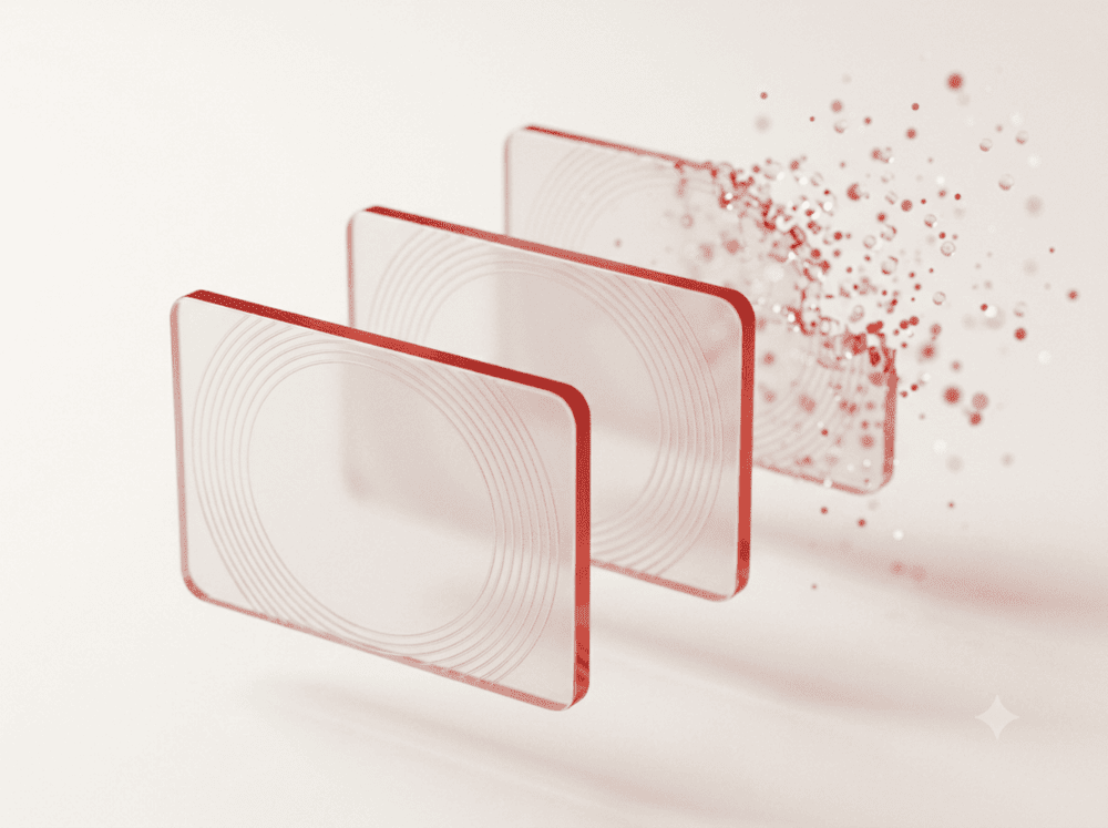 Three frosted glass payment cards in depth