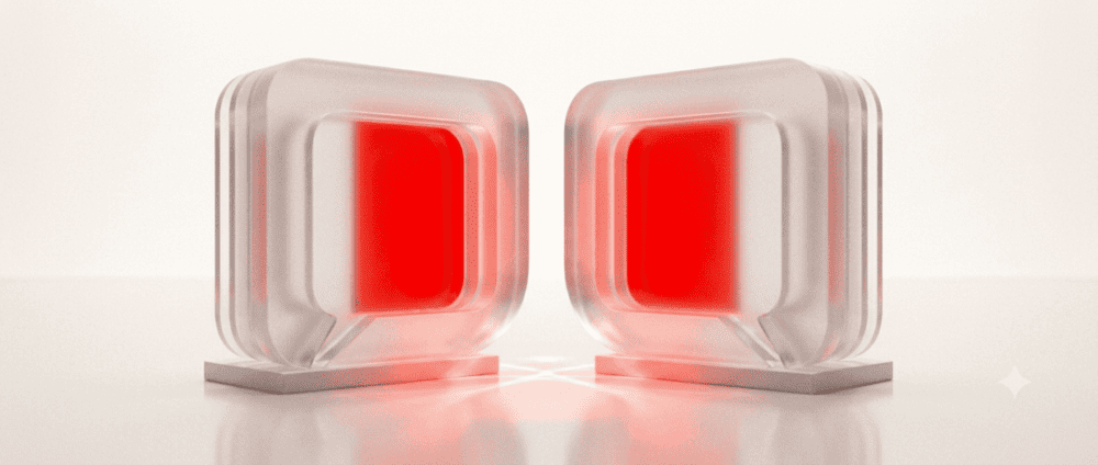 Two frosted glass speech bubbles glowing red