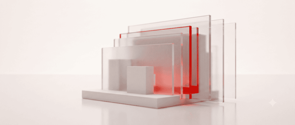 Layered glass panes in perspective with one red pane