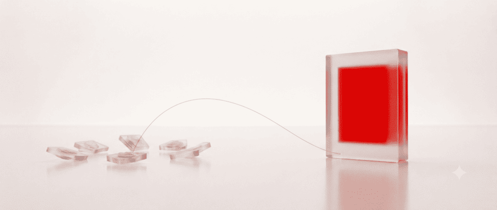 Scattered shards resolving into one red-lit glass monolith