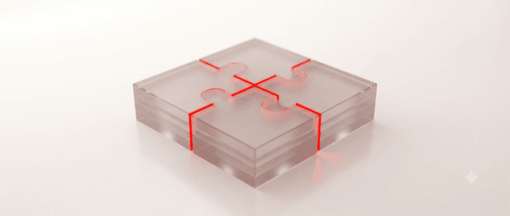 Four glass blocks interlocking into a square with red seams