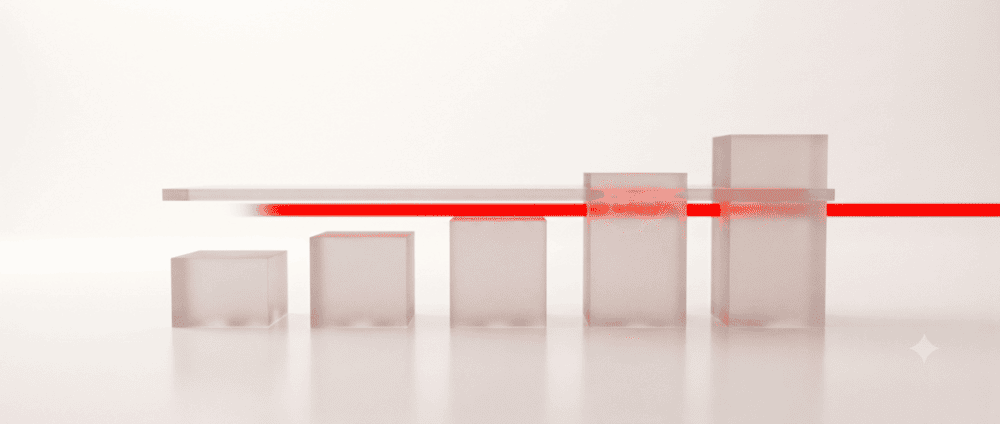 Five rising glass cubes supporting a slab on a red light line