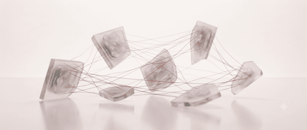 Scattered frosted glass shards tangled with red threads