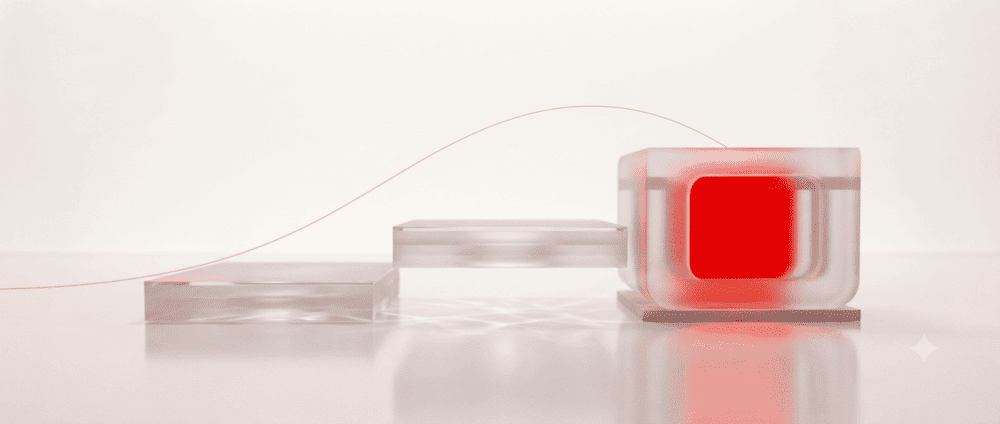 Three glass platforms rising with a red trajectory arc