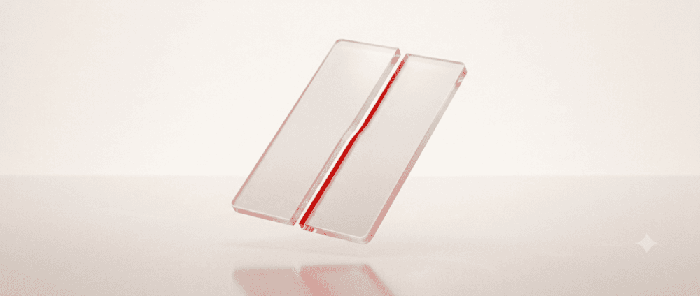 Frosted glass pane cut in two with red light in the seam
