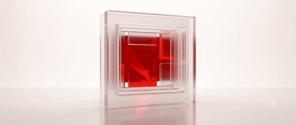 Nested frosted glass window frames with red light inside