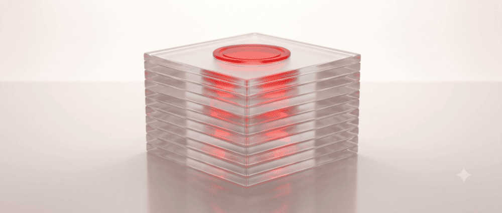 Stack of translucent glass sheets with a red seal disc