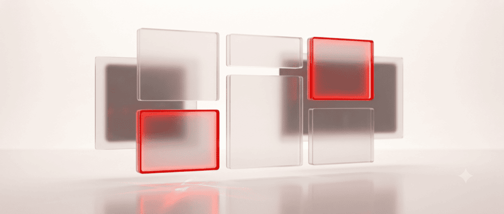 Floating grid of frosted glass panels, two lit red