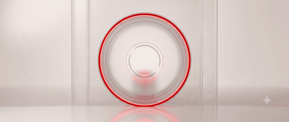 Upright frosted glass portal with red light pouring through