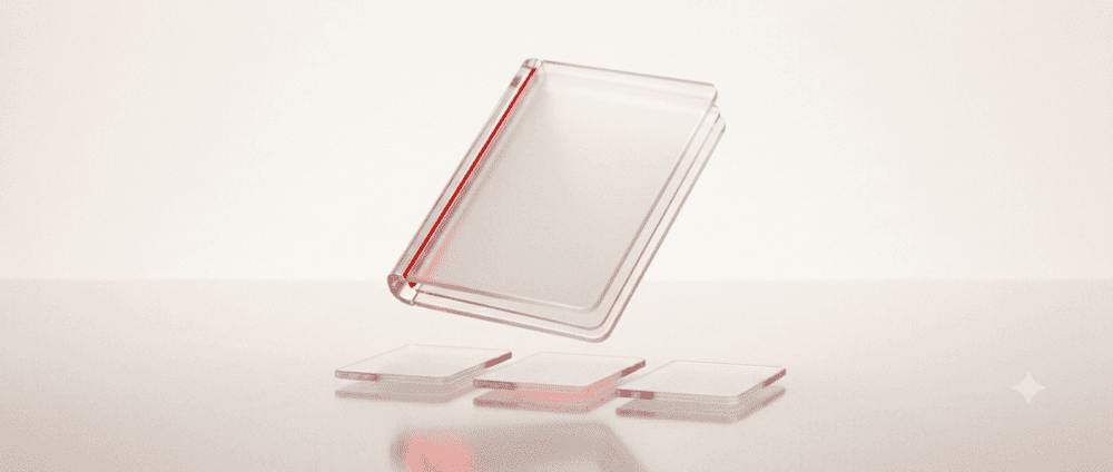 Frosted glass slab floating above three small glass tiles