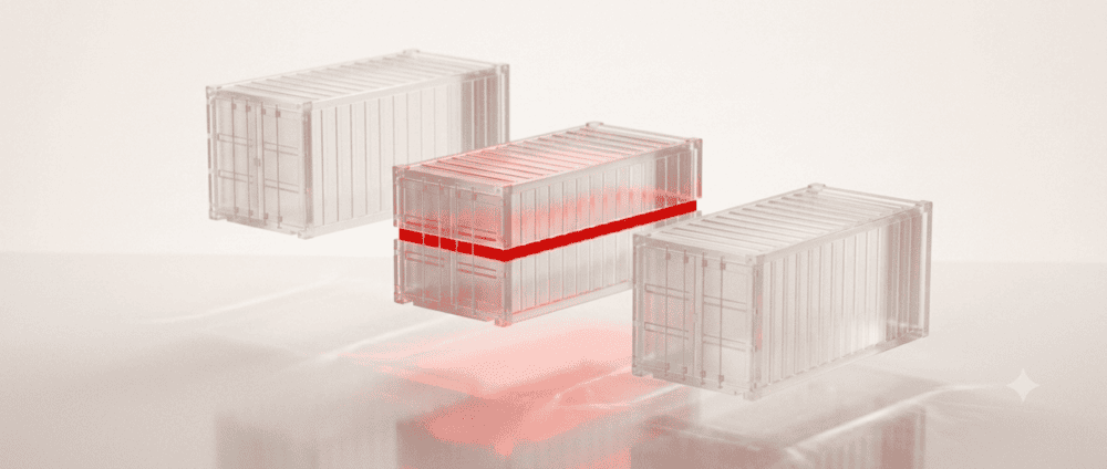 Three glass shipping containers, the middle one banded red