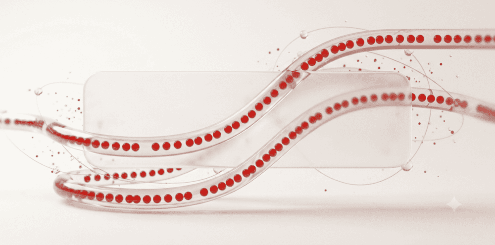 Glass tubes carrying red spheres across a pane