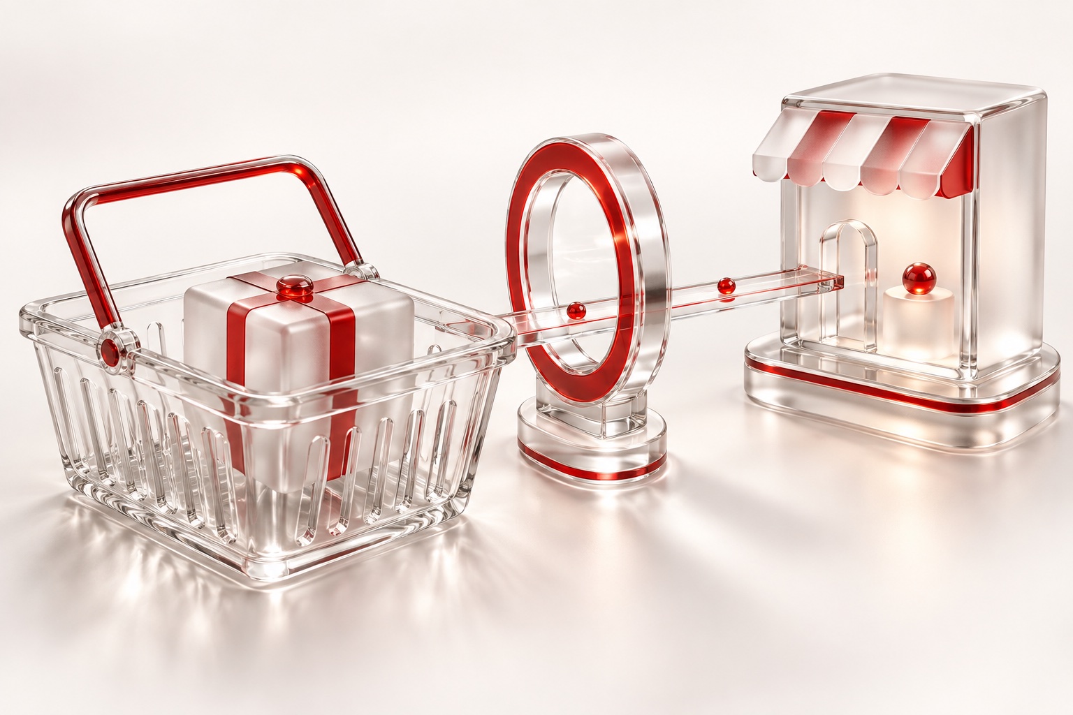 A glass purchase basket connected to an authorisation gate and merchant platform.
