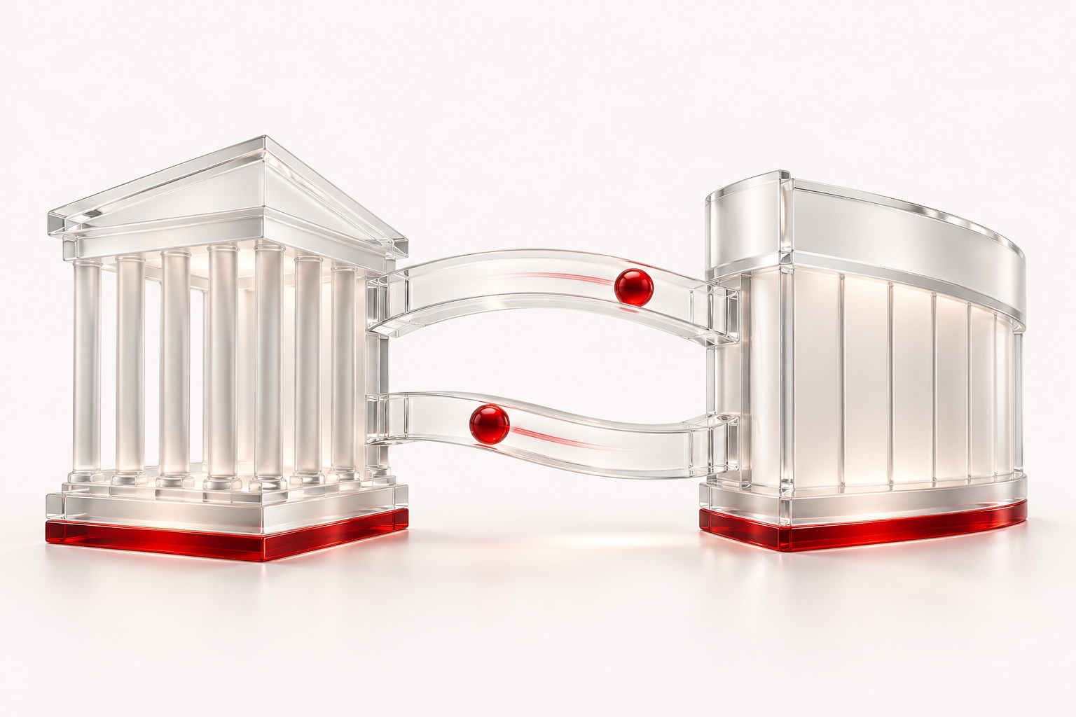 Two different glass institutions linked by paired correspondent bridges.