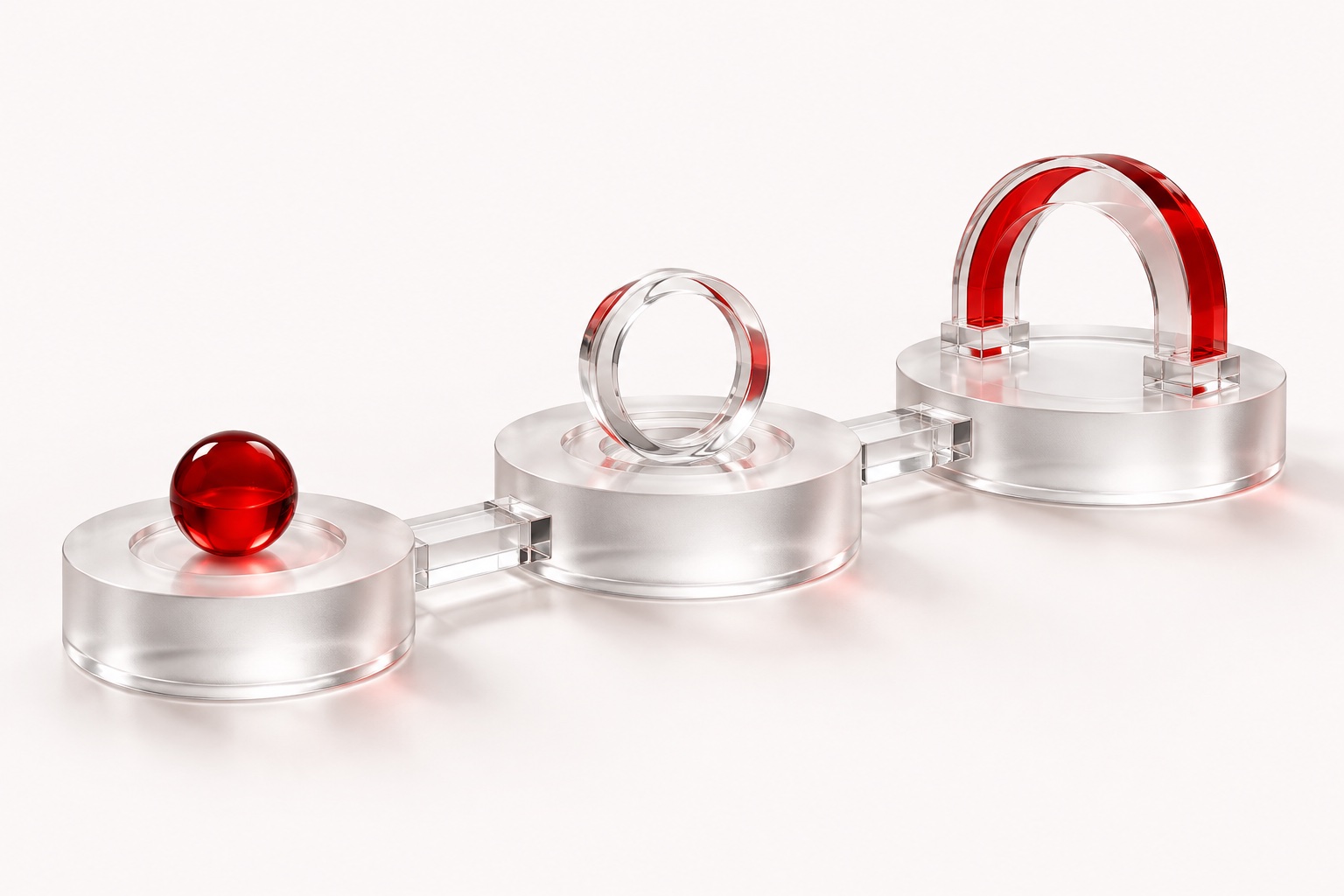 Three connected glass platforms represent a controlled integration journey.