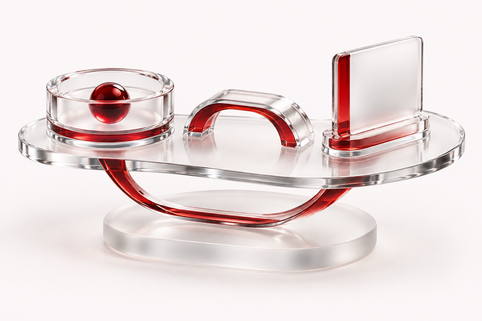 Complementary financial-service modules docked in one connected glass platform.