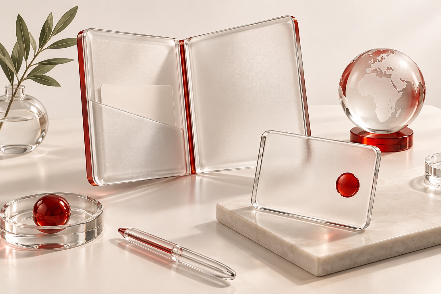 Glass documents, a payment card and a globe in a business still life.