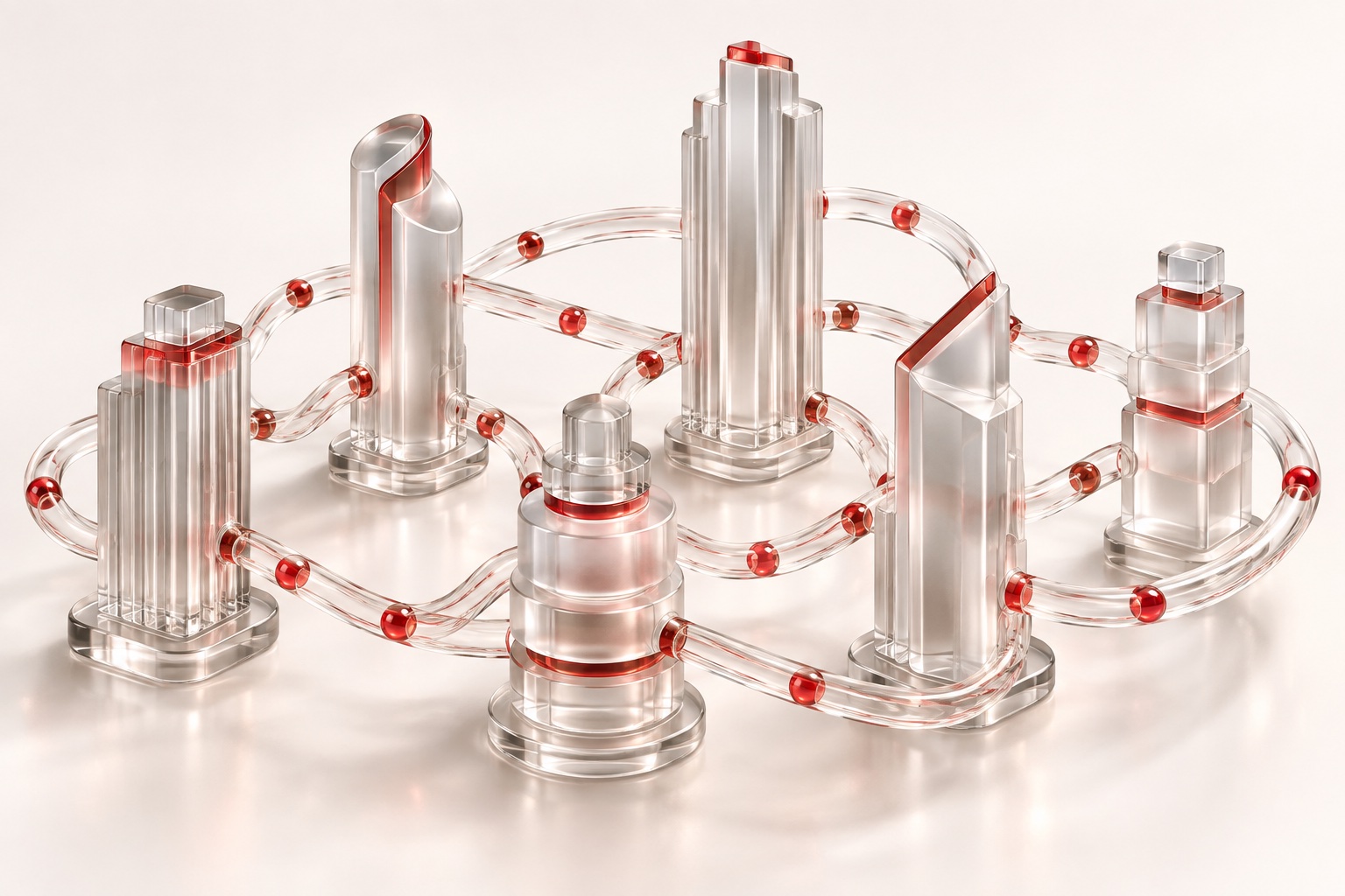 Glass towers connected through shared transparent channels.