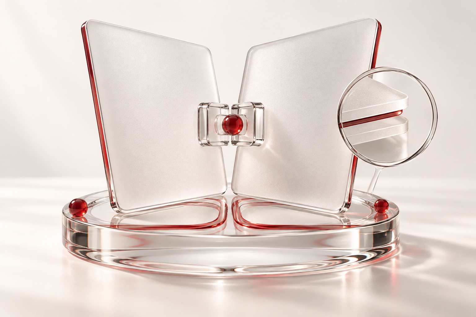 Distinct glass agreement leaves meet through a shared transparent clasp.
