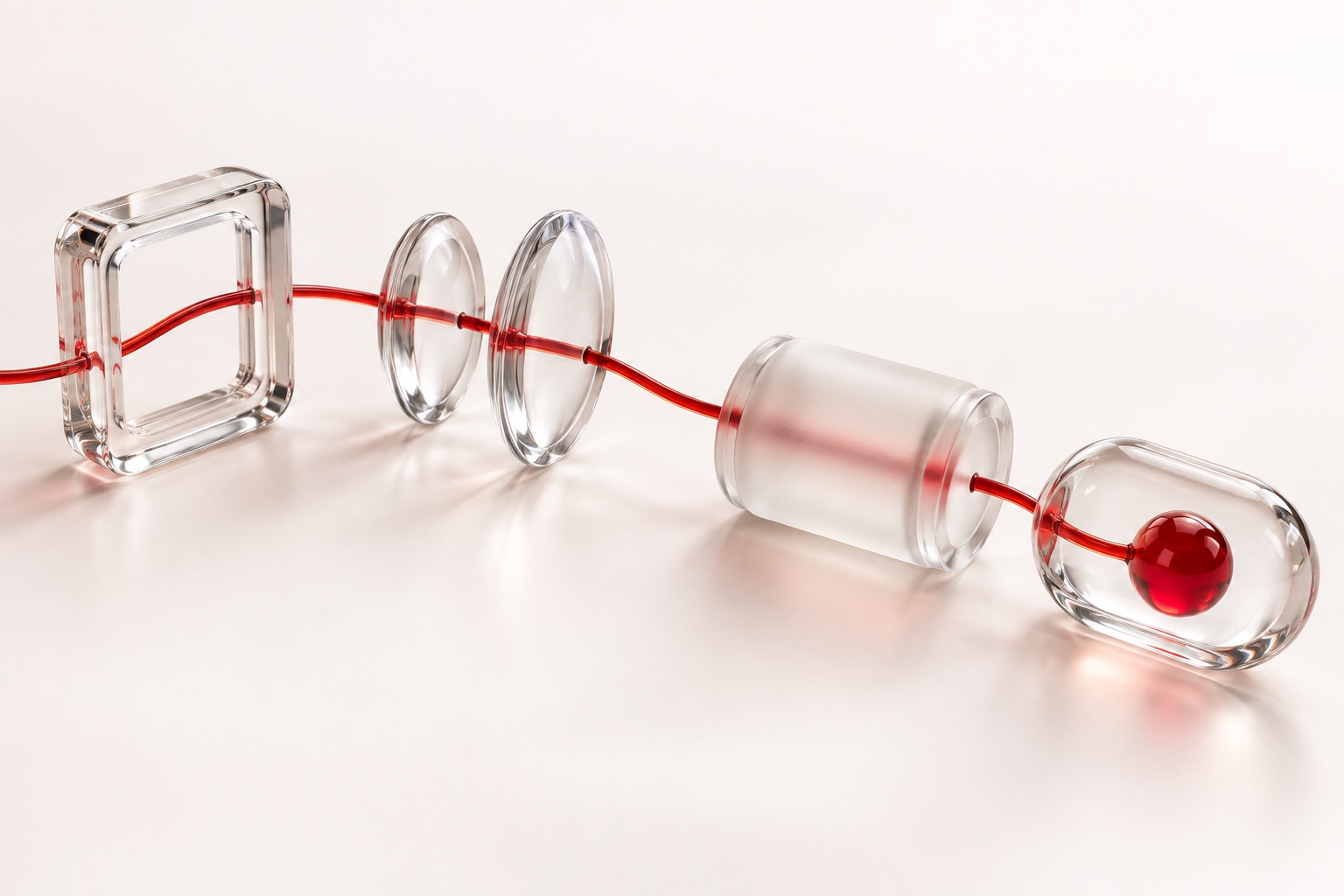 A continuous red thread follows an instruction through distinct stages.
