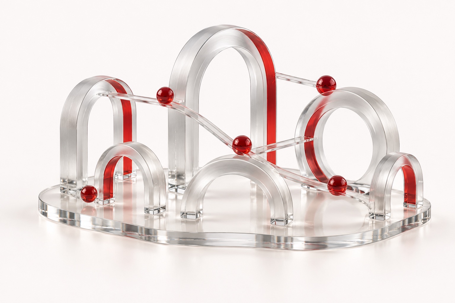 An open ensemble of interconnected glass arches and rings.