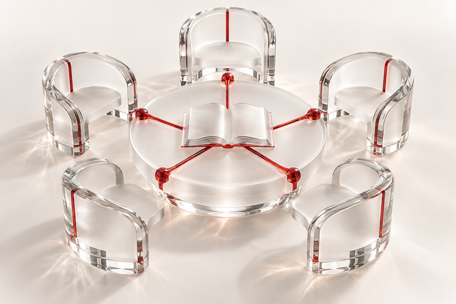 Equal glass participant positions surround a shared set of rules.