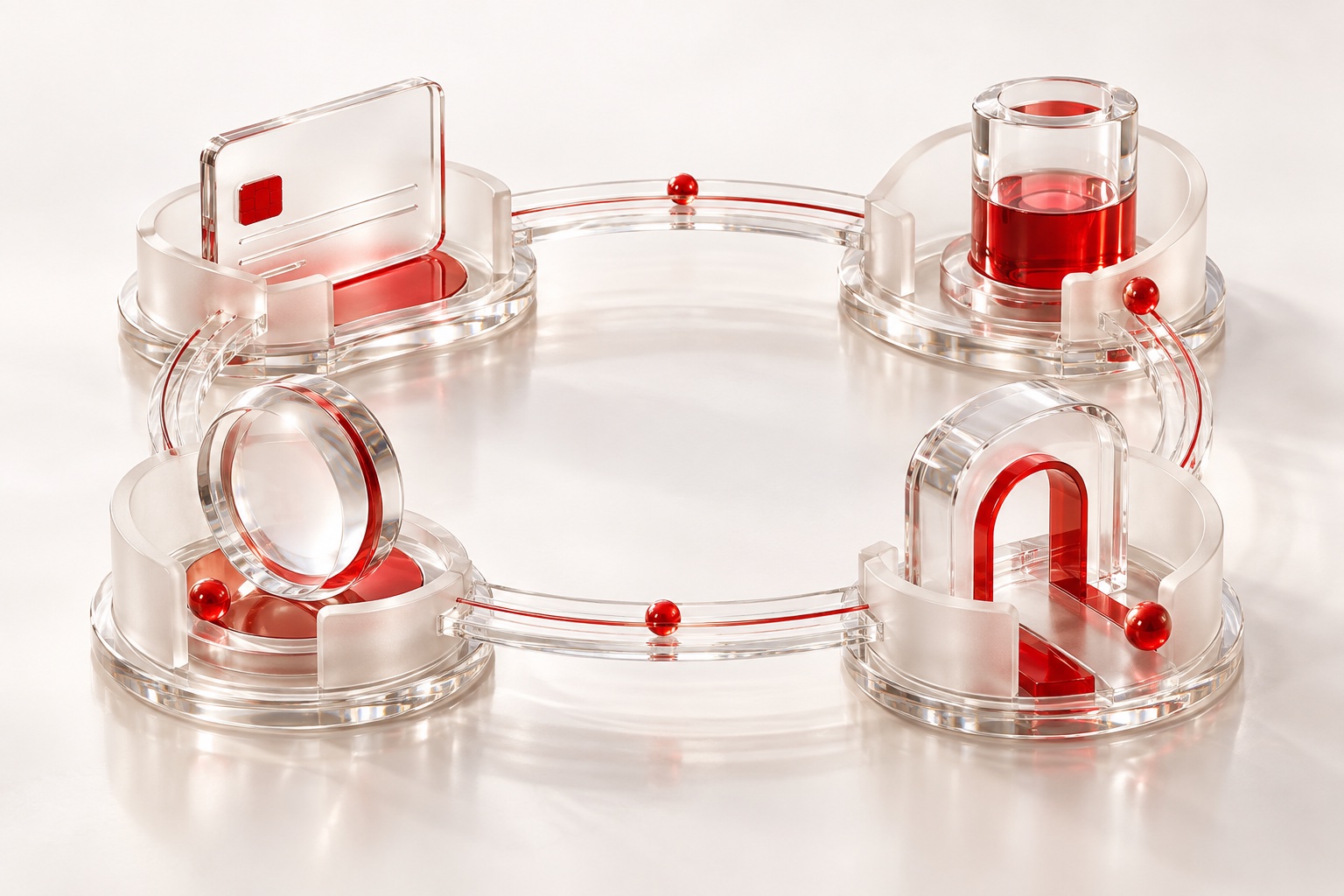 Different financial-service modules share an open glass exchange.