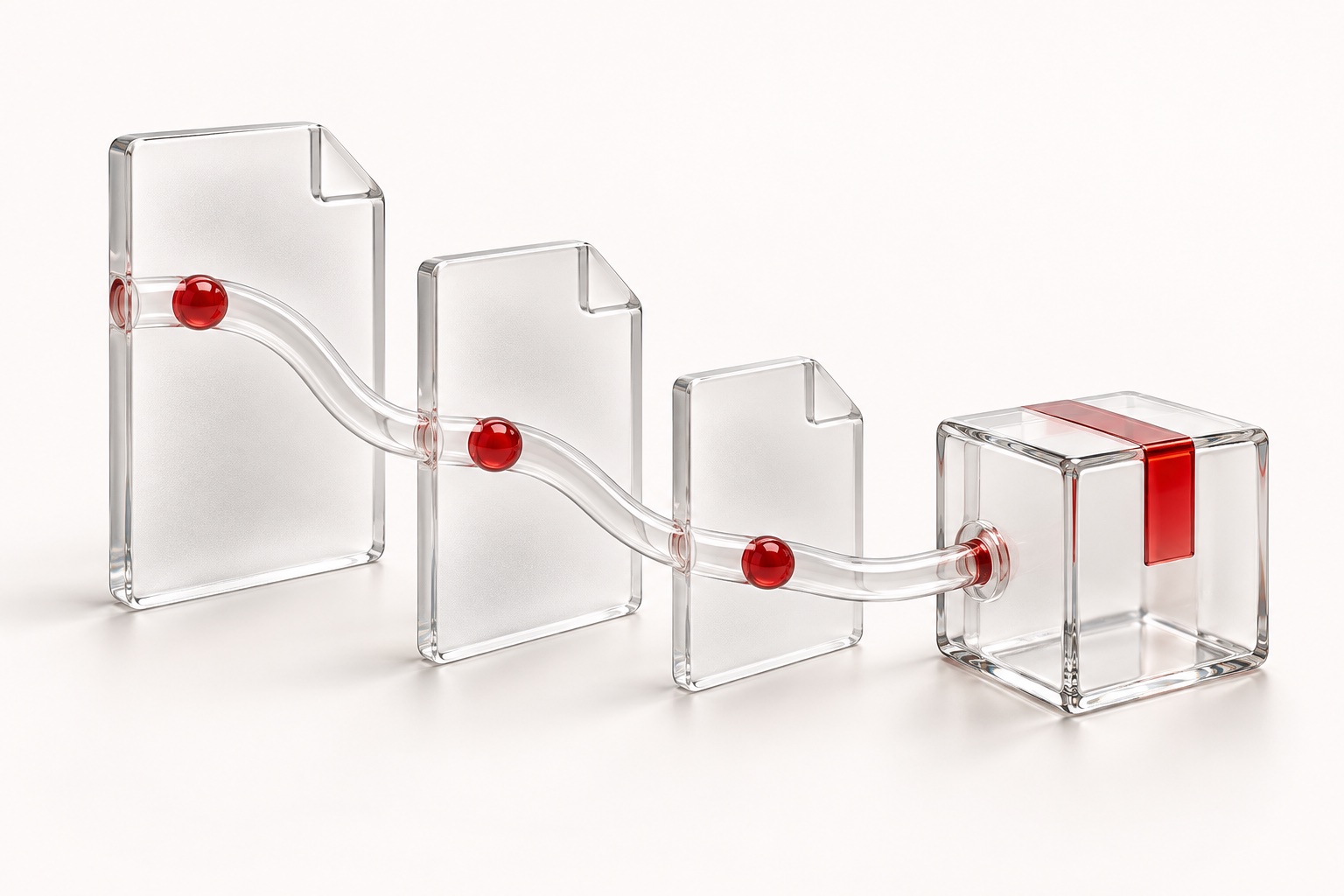 Glass documents and a parcel connected by a traceable red-threaded channel.