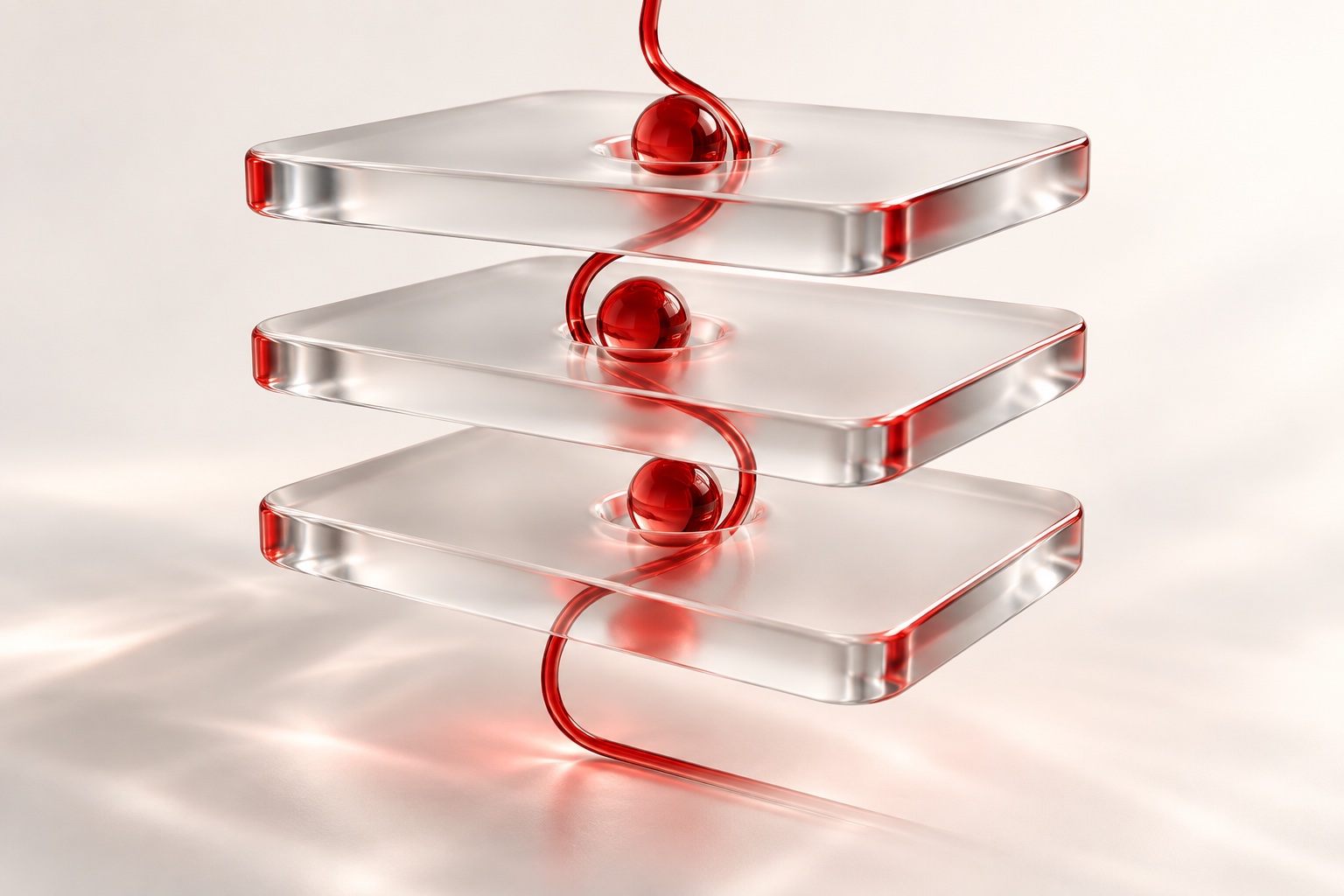 A continuous red thread connecting transparent layers.