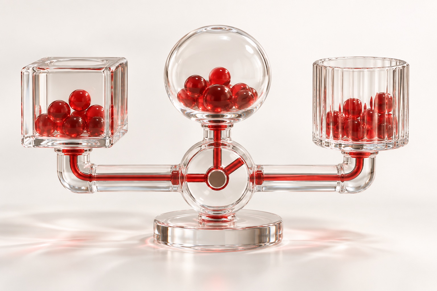 A balanced glass structure connects several treasury reservoirs.